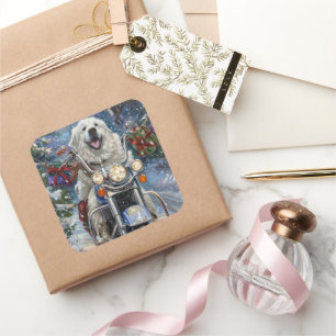 Great Pyrenäen Dog Riding Motorrad Weihnachten Quadratischer Aufkleber