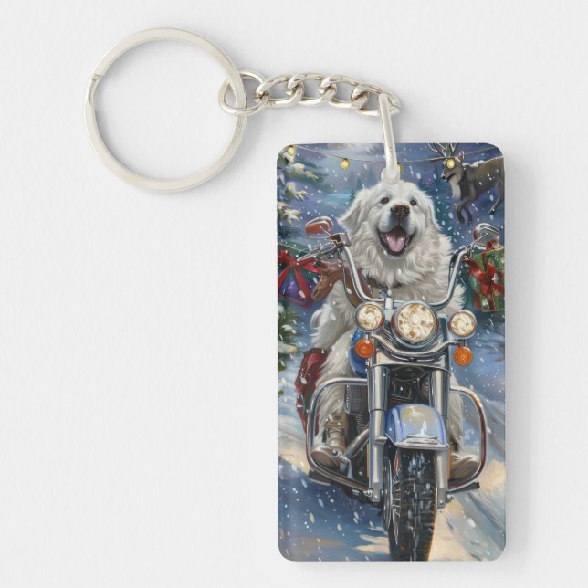 Great Pyrenäen Dog Riding Motorrad Weihnachten Schlüsselanhänger (Vorderseite)