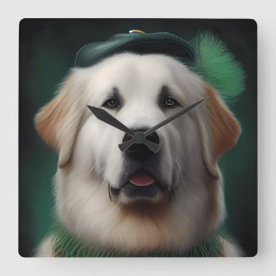 Great Pyrenäen Hund in St. Patrick's Day Dress Quadratische Wanduhr