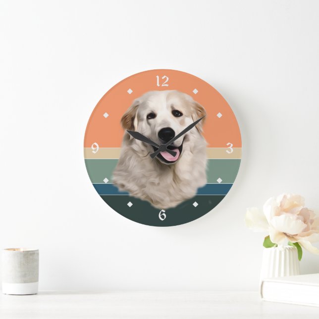 Great Pyrenäen Hund Retro Sunset Große Wanduhr (Zuhause)