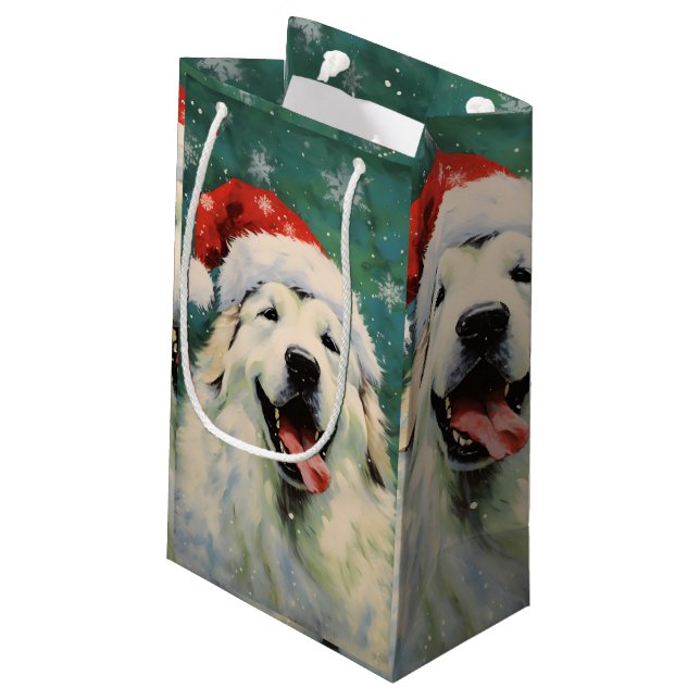 Great Pyrenäen Hund Weihnachtsmalerei Kunst Kleine Geschenktüte (Rückseite Schrägansicht)