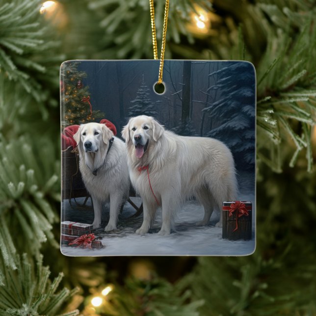 Great Pyrenäen Snowy Sleigh Weihnachtsdekor Keramikornament (Baum)