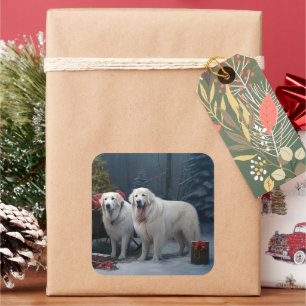 Great Pyrenäen Snowy Sleigh Weihnachtsdekor Quadratischer Aufkleber