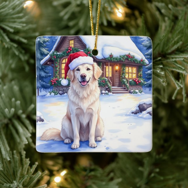 Great Pyrenees Snowy Mountain Lodge Santa Hat Keramikornament (Baum)