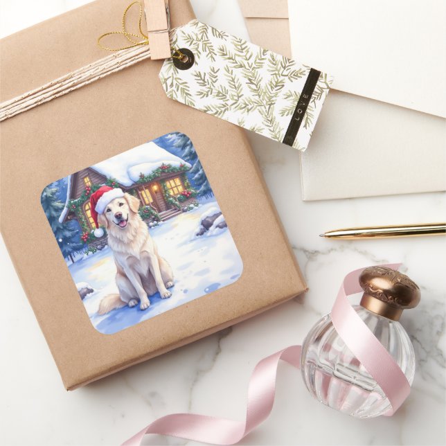 Great Pyrenees Snowy Mountain Lodge Santa Hat Quadratischer Aufkleber (Schenken)