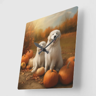 Great Pyrenees Welpe Herbstfreude Kürbis Quadratische Wanduhr