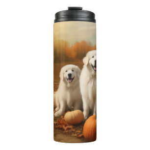 Great Pyrenees Welpe Herbstfreude Kürbis Thermosbecher