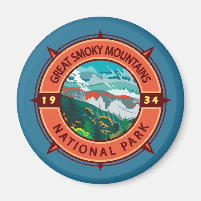 Great Smoky Mountains National Park Retro Kompass Magnet (Vorne)