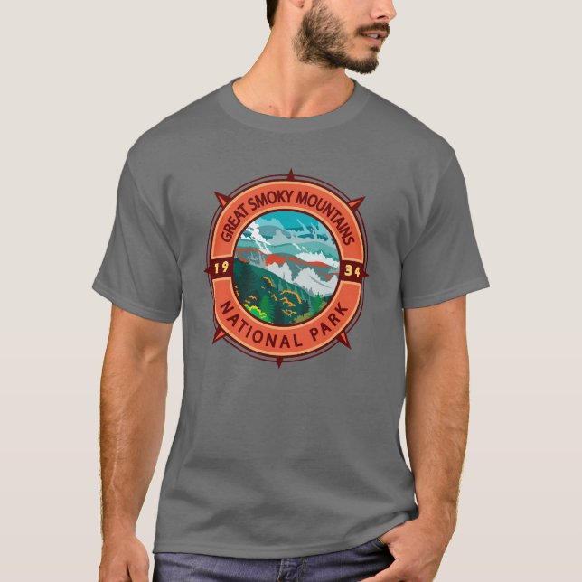 Great Smoky Mountains National Park Retro Kompass T-Shirt (Vorderseite)