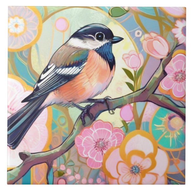 Great Tit Bird Chickadee Pink Blume Floral Fliese (Vorderseite)