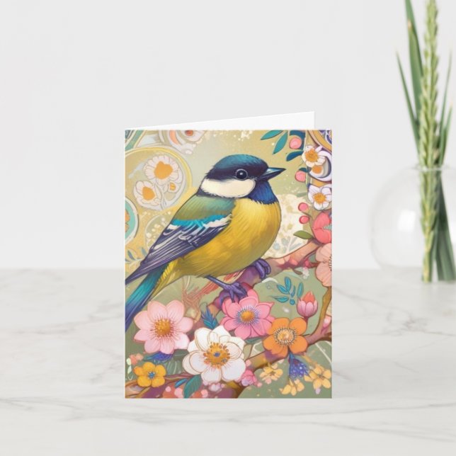 Great Tit Chickadee Bird farbenfrohe Blume Karte (Vorderseite)