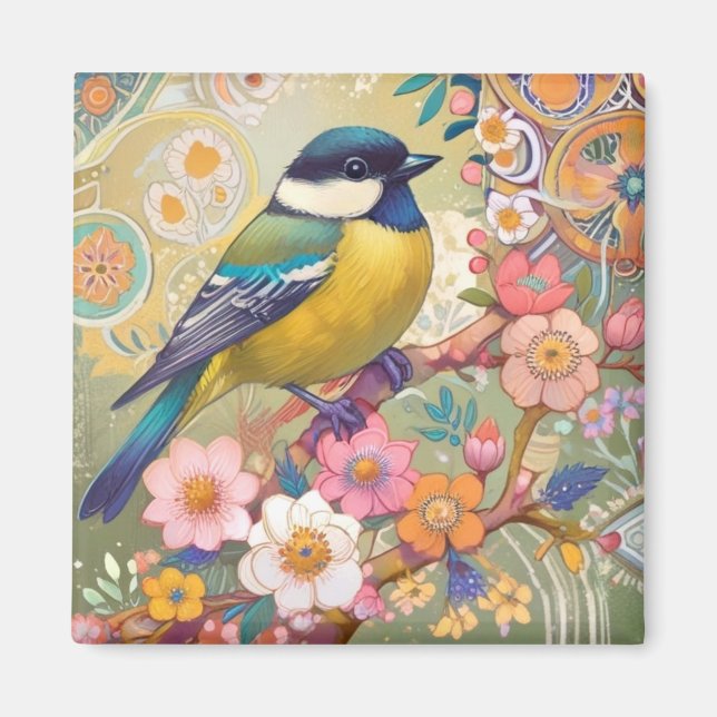 Great Tit Chickadee Bird farbenfrohe Blume Magnet (Vorne)