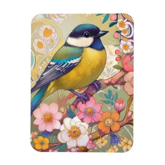 Great Tit Chickadee Bird farbenfrohe Blume Magnet (Vertikal)