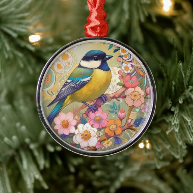 Great Tit Chickadee Bird farbenfrohe Blume Ornament Aus Metall (Baum)