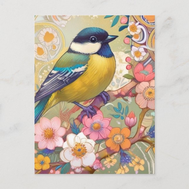 Great Tit Chickadee Bird farbenfrohe Blume Postkarte (Vorderseite)