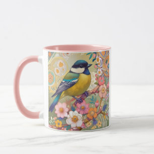 Great Tit Chickadee Bird farbenfrohe Blume Tasse