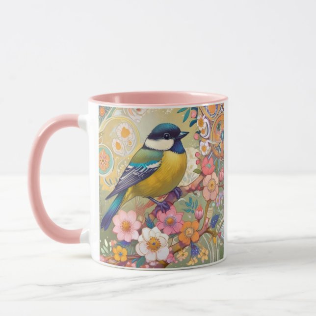 Great Tit Chickadee Bird farbenfrohe Blume Tasse (Links)