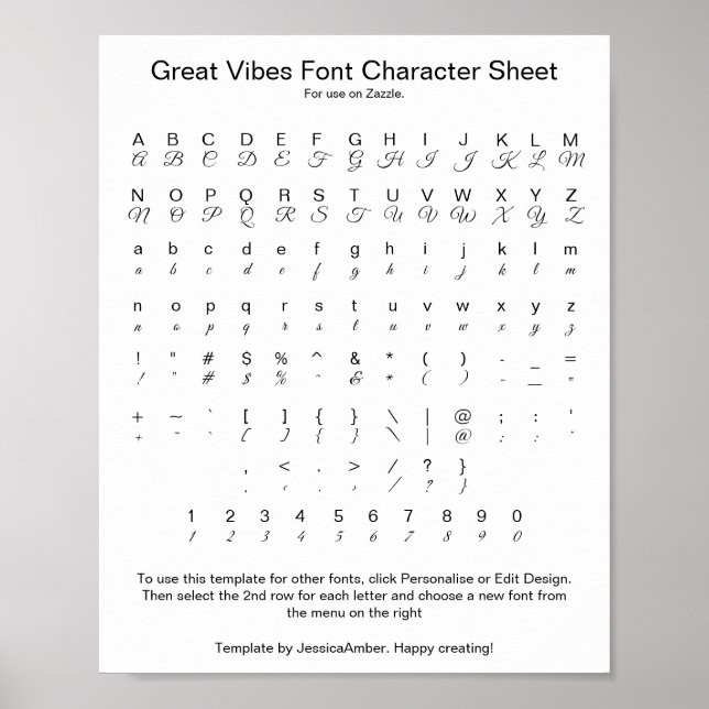 Great Vibes Schriftart Character Sheet for Zazzle Poster (Vorne)