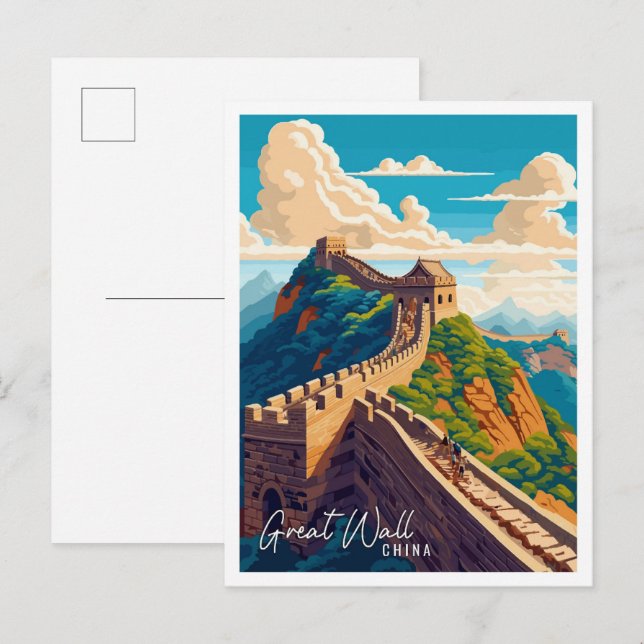 Great Wall China Art Vintage Reise Illustration Postkarte (Vorne/Hinten)