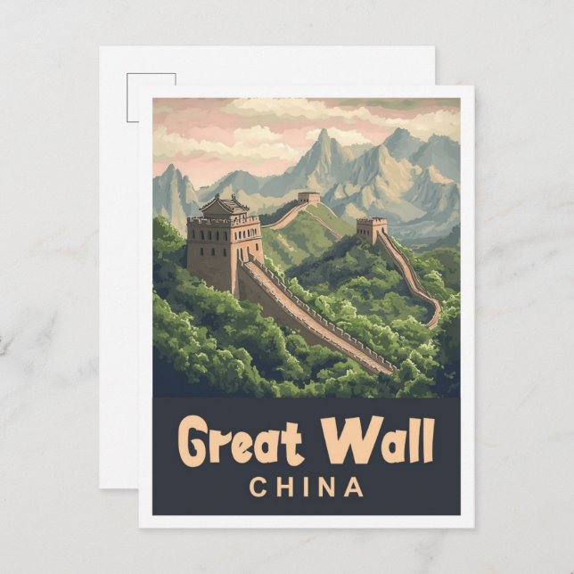 Great Wall China Vintage Travel Illustration Postkarte (Vorne/Hinten)