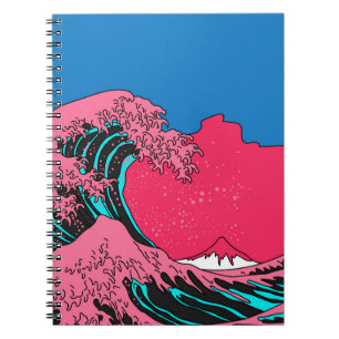 Great Wave in Vaporwave Pop Art Style. Ansicht auf Notizblock