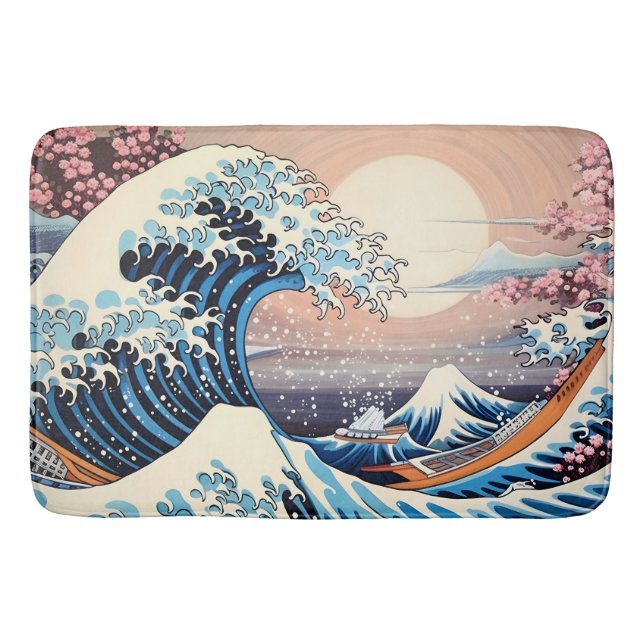 Great Wave inspiriert rosa Sakura Ästhetik Badematte (Vorderseite)