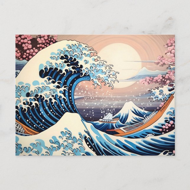 Great Wave inspiriert rosa Sakura Ästhetik Postkarte (Vorderseite)
