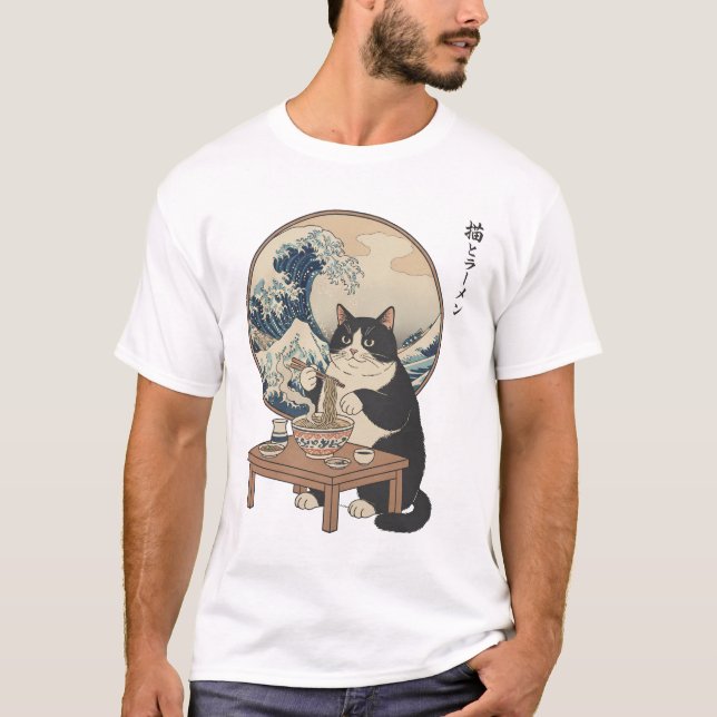 Great Wave Japanese Cat Eating Ramen Funny Art T-Shirt (Vorderseite)