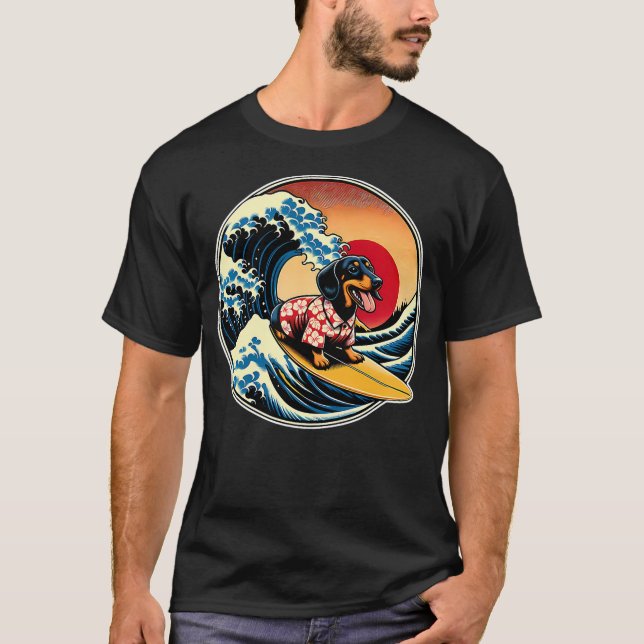 Great Wave Kanagawa Weiner Dachshund Dog Surfing T-Shirt (Vorderseite)