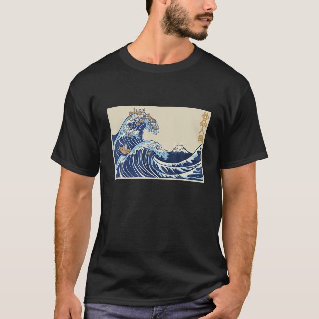 Great Wave Off Kanagawa mit Cats Ästhetisches Kanj T-Shirt (Vorderseite)