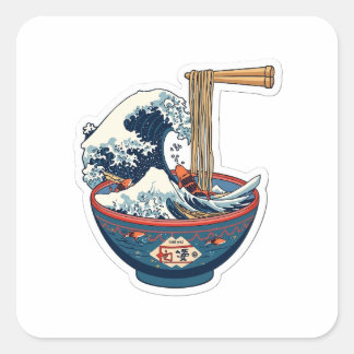 Great Wave Ramen Bowl Japanese Aesthetic 3D Art St Quadratischer Aufkleber
