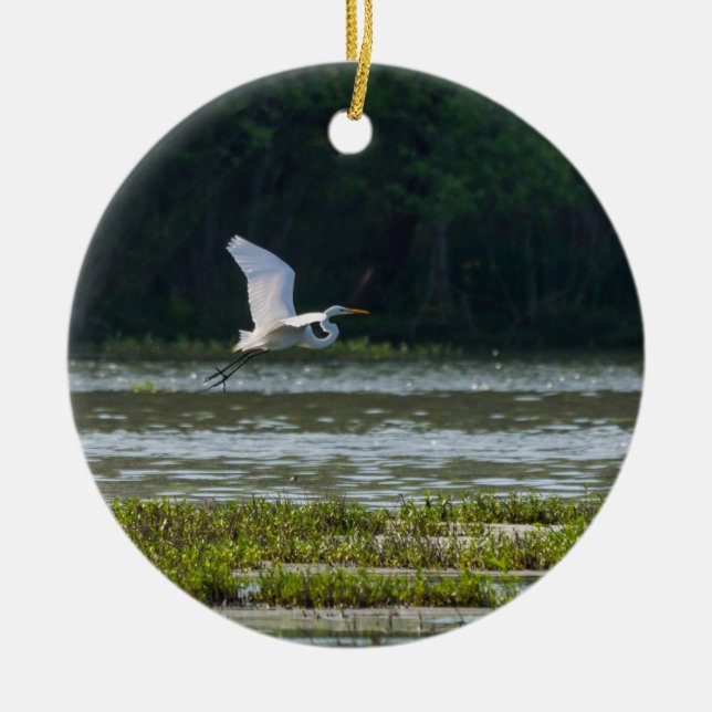 Great White Egret Flying Keramik Ornament (Vorne)