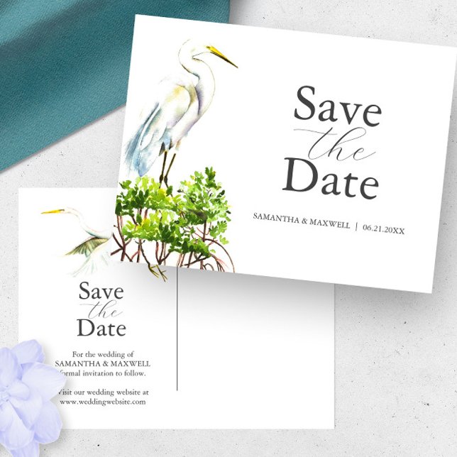 Great White Heron Save the Date Postkarte (Save the date postcards destination weddings Florida watercolor heron and mangroves Do Tell A Belle)