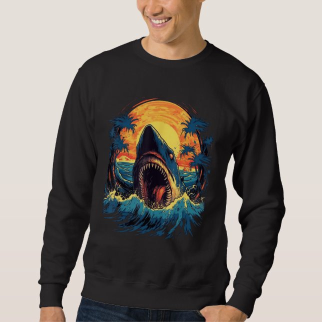 Great White Shark Palm Trees Sunset Shark  Graphic Sweatshirt (Vorderseite)