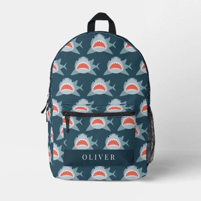 Great White Shark Pattern Navy Blue Boy Bedruckter Rucksack (Vorderseite)