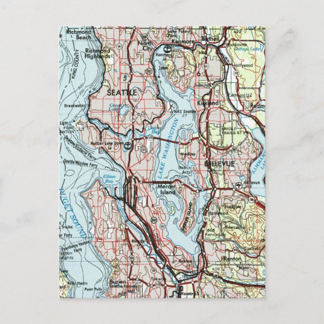 Greater Seattle Area Vintag Map Travel Postkarte (Vorderseite)