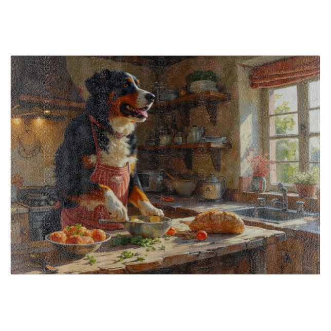 Greater Swiss Mountain Dog Cooking in Kitchen Schneidebrett (Vorderseite)