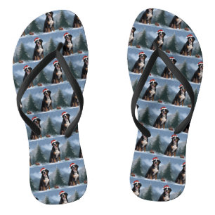 Greater Swiss Mountain Dog in Snow Christmas Flip Flops