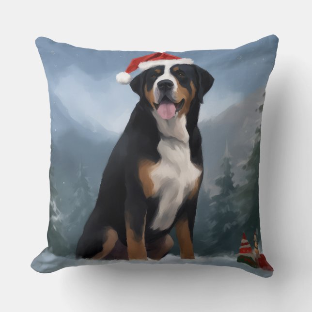 Greater Swiss Mountain Dog in Snow Christmas Kissen (Vorderseite)
