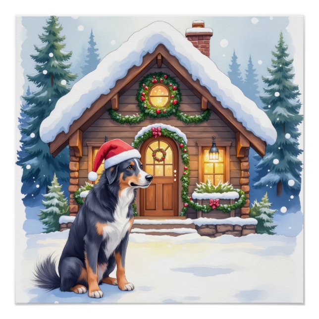 Greater Swiss Mountain Dog Snowy Cabin Santa Hat Poster (Vorderseite)