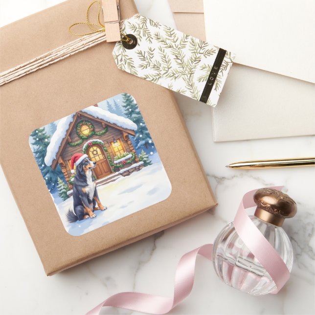 Greater Swiss Mountain Dog Snowy Cabin Santa Hat Quadratischer Aufkleber (Schenken)