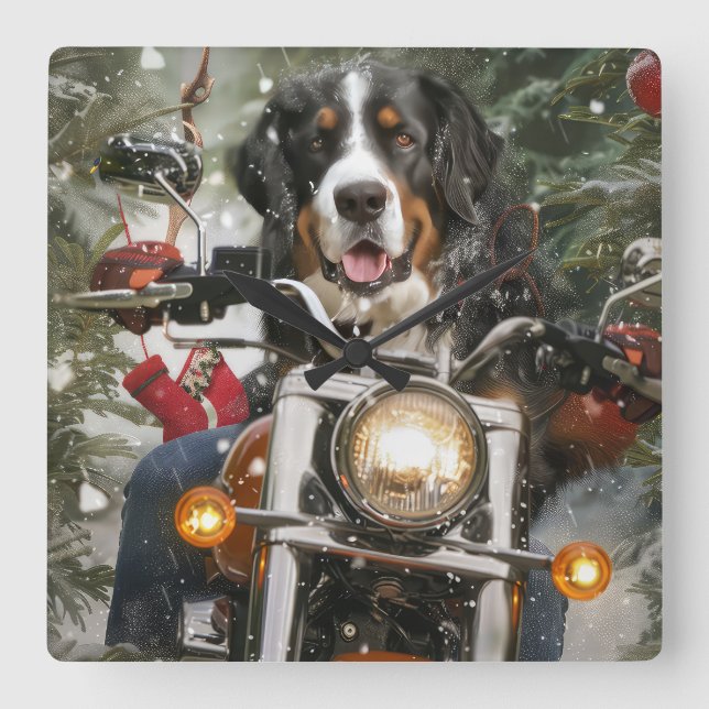 Greater Swiss Mountain Riding Motorrad Weihnachten Quadratische Wanduhr (Vorderseite)