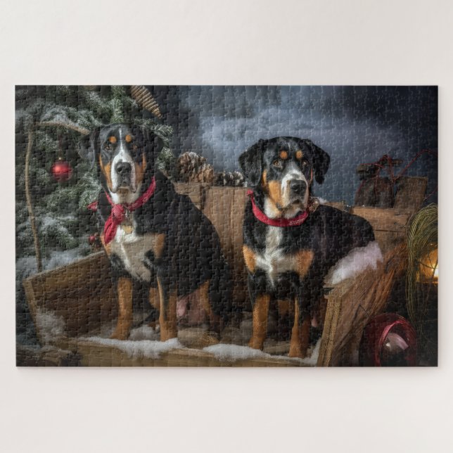 Greater Swiss Mountain Snowy Sleigh Weihnachten Puzzle (Horizontal)