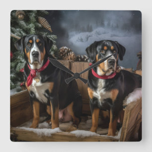 Greater Swiss Mountain Snowy Sleigh Weihnachten Quadratische Wanduhr