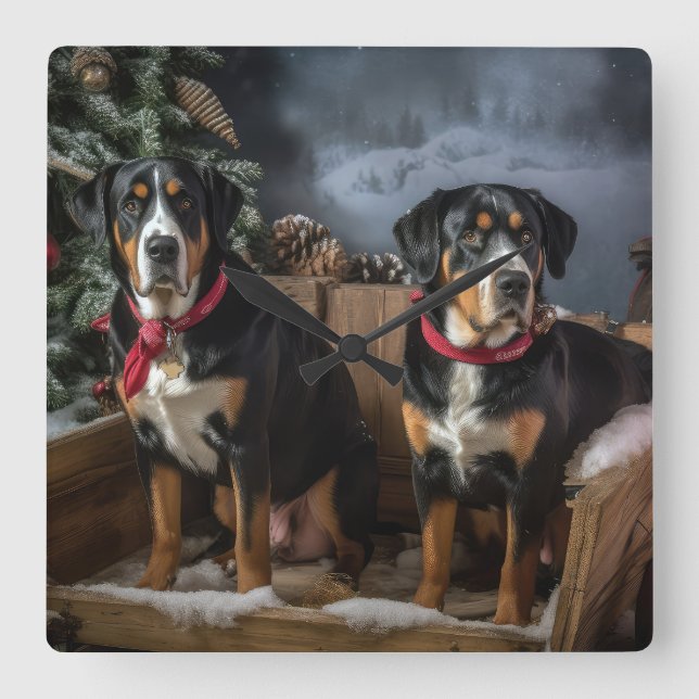 Greater Swiss Mountain Snowy Sleigh Weihnachten Quadratische Wanduhr (Vorderseite)