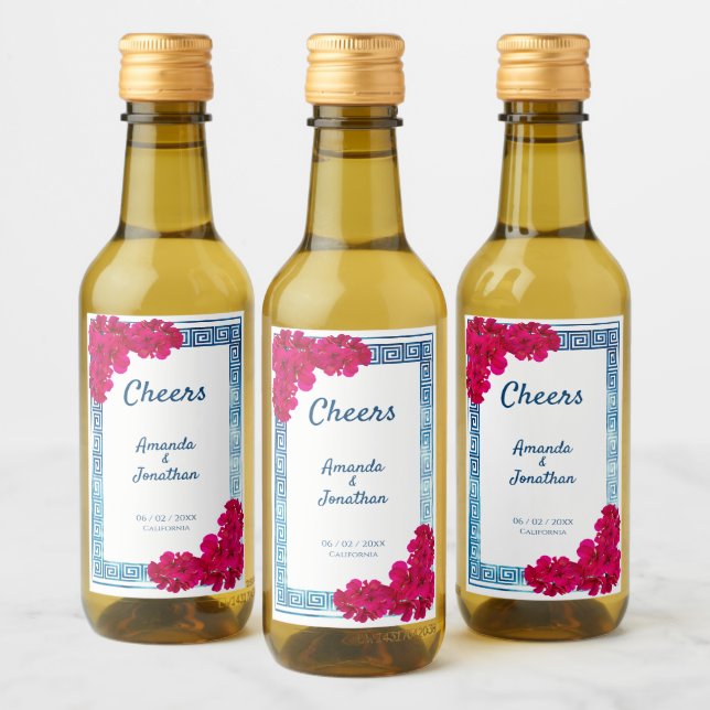 Grecian Wasserfarbe + Rosa Blume Weinetikett (Flaschen)