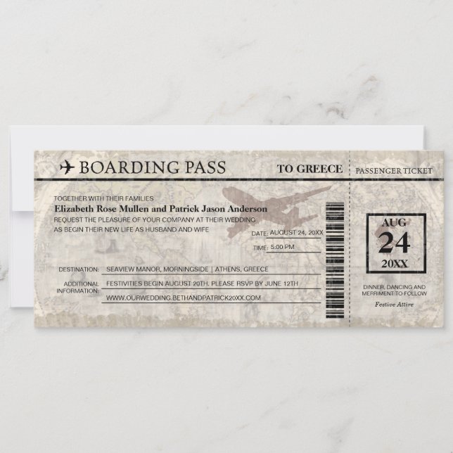 Greece Boarding Pass Wedding  Invitation Einladung (Vorderseite)