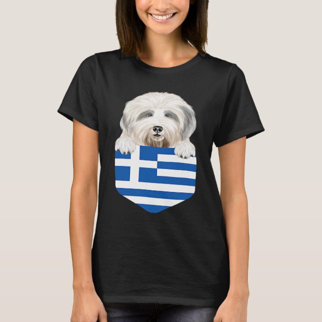 Greece Flag Old English Sheepdog Dog In Pocket T-Shirt (Vorderseite)