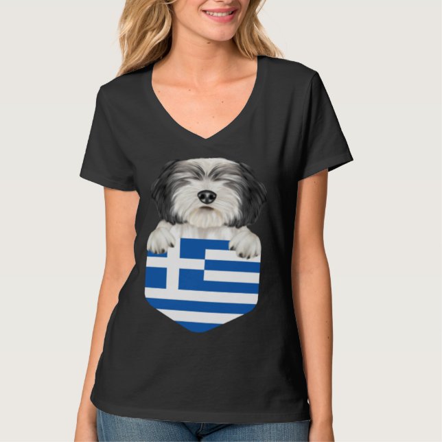 Greece Flag Polish Lowland Sheepdog Dog In Pocket T-Shirt (Vorderseite)