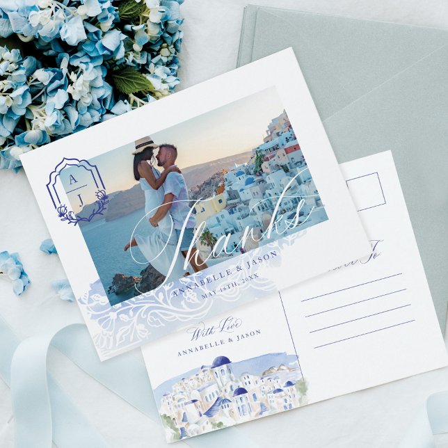 Greece Wedding Thank You Script Monogram Photo Postkarte (Greece Wedding Thank You Script Monogram Photo Postcard)